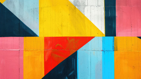 Abstract colorful background with geometric textured oil or acrylic shapes. Artistic banner with wall texture and brush strokesの素材