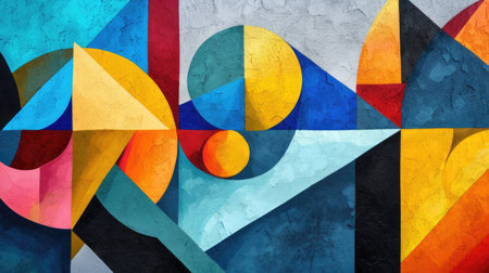 Abstract colorful background with geometric textured oil or acrylic shapes. Artistic banner with wall texture and brush strokesの素材