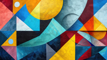 Abstract colorful background with geometric textured oil or acrylic shapes. Artistic banner with wall texture and brush strokesの素材