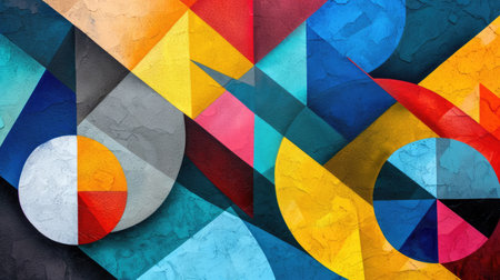 Abstract colorful background with geometric textured oil or acrylic shapes. Artistic banner with wall texture and brush strokesの素材