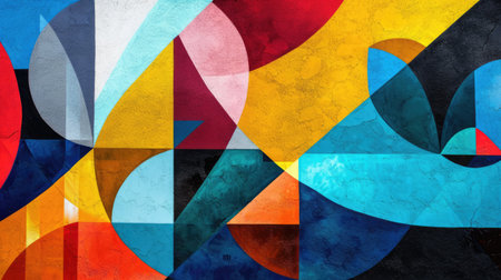 Abstract colorful background with geometric textured oil or acrylic shapes. Artistic banner with wall texture and brush strokesの素材