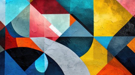 Abstract colorful background with geometric textured oil or acrylic shapes. Artistic banner with wall texture and brush strokesの素材