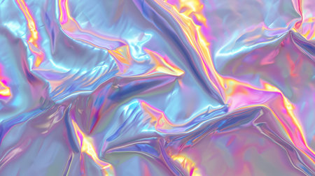 Abstract background with colorful iridescent holographic foil. Trendy 2yk fashion banner, pastel silver metallic wallpaperの素材