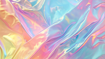 Abstract background with colorful iridescent holographic foil. Trendy 2yk fashion banner, pastel silver metallic wallpaperの素材
