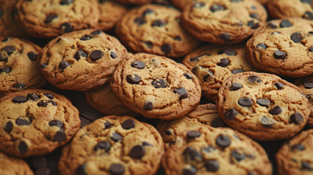 Background with freshly baked tasty chocolate chip cookies, food patternの素材