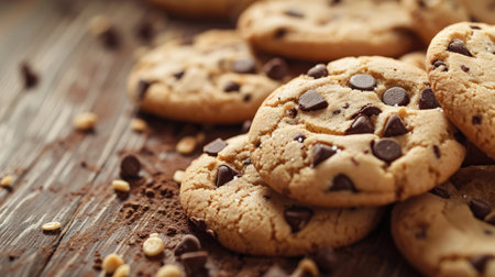 Close up of freshly baked tasty chocolate chip cookies on wooden deskの素材