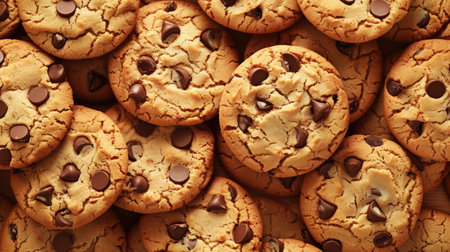 Background with freshly baked tasty chocolate chip cookies, food patternの素材
