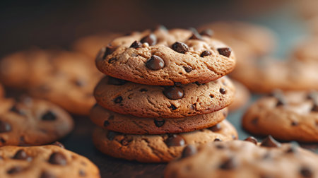 Close up of freshly baked tasty chocolate chip cookies on wooden deskの素材