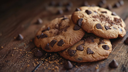 Close up of freshly baked tasty chocolate chip cookies on wooden deskの素材