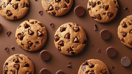 Background with freshly baked tasty chocolate chip cookies, food patternの素材