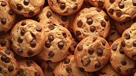 Background with freshly baked tasty chocolate chip cookies, food patternの素材