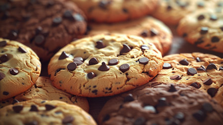Close up of freshly baked tasty chocolate chip cookies on wooden deskの素材
