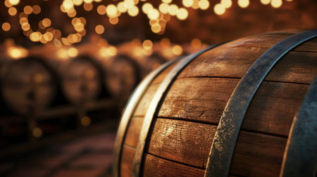 Close up of wooden barrel of wine on blurred backgroundの素材
