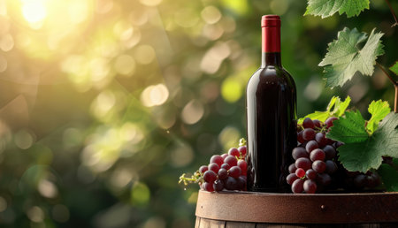 Bottle of wine on barrel with grapes on blurred background and free place for textの素材