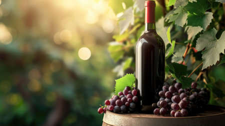 Bottle of wine on barrel with grapes on blurred background and free place for textの素材
