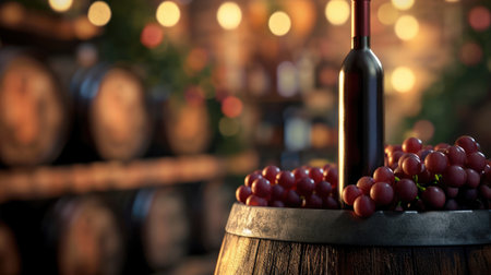 Bottle of wine on barrel with grapes on blurred background and free place for textの素材