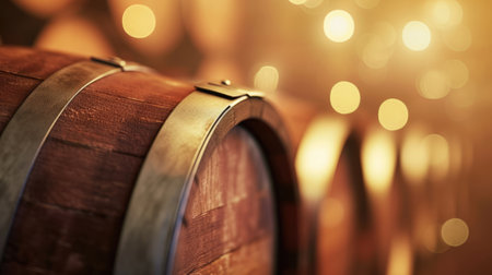 Close up of wooden barrel of wine on blurred backgroundの素材