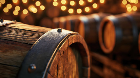 Close up of wooden barrel of wine on blurred backgroundの素材