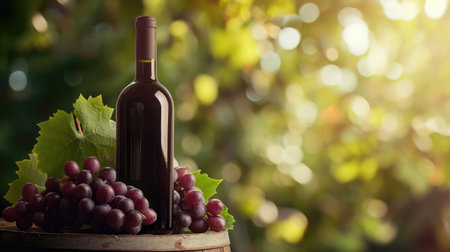 Bottle of wine on barrel with grapes on blurred background and free place for textの素材