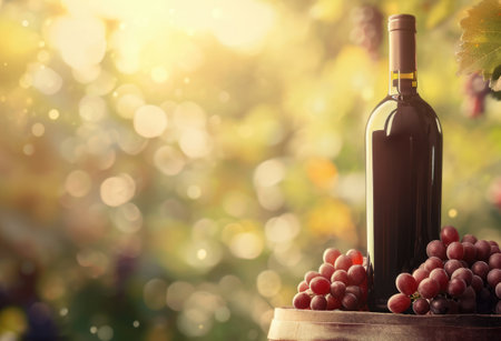 Bottle of wine on barrel with grapes on blurred background and free place for textの素材