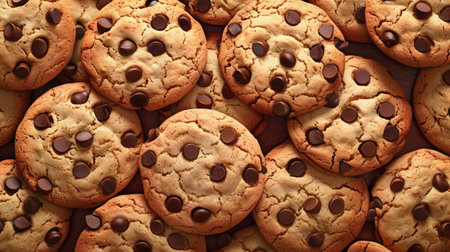 Background with freshly baked tasty chocolate chip cookies, food patternの素材