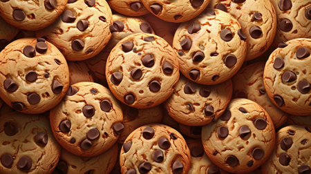 Background with freshly baked tasty chocolate chip cookies, food patternの素材