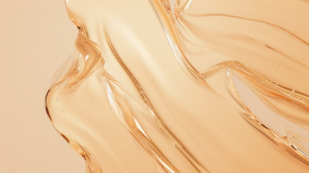 Smooth wavy transparent liquid texture on pastel beige background. Beauty product banner, serum, cream or moisturizerの素材