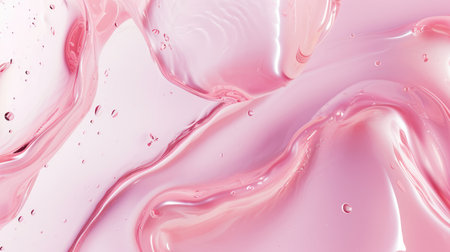 Smooth wavy transparent liquid texture on pastel pink background. Beauty product banner, serum, cream or moisturizerの素材