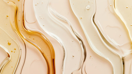 Composition with different samples smear of transparent gel or cream serums. Beauty product swatches on pastel backgroundの素材