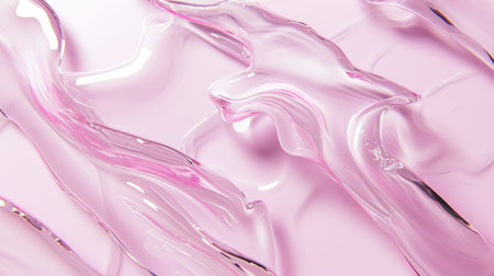 Smooth wavy transparent liquid texture on pastel pink background. Beauty product banner, serum, cream or moisturizerの素材