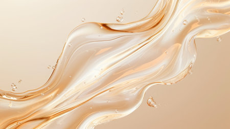 Smooth wavy transparent liquid texture on pastel beige background. Beauty product banner, serum, cream or moisturizerの素材