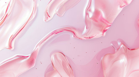 Smooth wavy transparent liquid texture on pastel pink background. Beauty product banner, serum, cream or moisturizerの素材