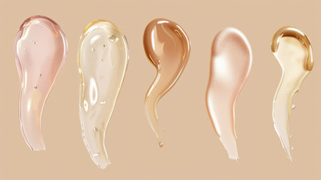 Composition with different samples smear of transparent gel or cream serums. Beauty product swatches on pastel backgroundの素材