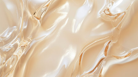 Smooth wavy transparent liquid texture on pastel beige background. Beauty product banner, serum, cream or moisturizerの素材