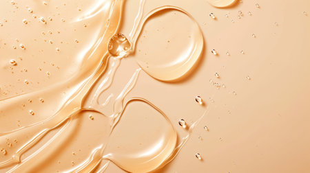 Smooth wavy transparent liquid texture on pastel beige background. Beauty product banner, serum, cream or moisturizerの素材