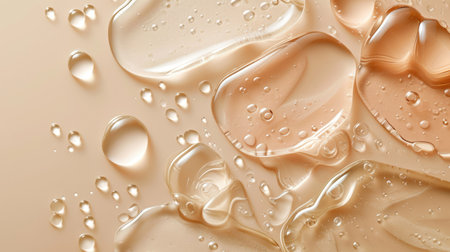 Smooth wavy transparent liquid texture on pastel beige background. Beauty product banner, serum, cream or moisturizerの素材