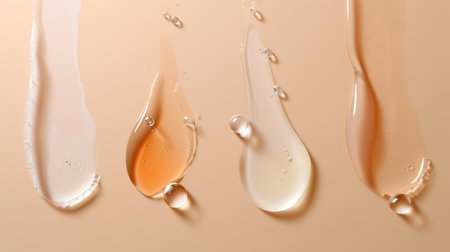 Composition with different samples smear of transparent gel or cream serums. Beauty product swatches on pastel backgroundの素材