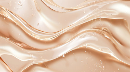Smooth wavy transparent liquid texture on pastel beige background. Beauty product banner, serum, cream or moisturizerの素材