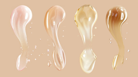 Composition with different samples smear of transparent gel or cream serums. Beauty product swatches on pastel backgroundの素材