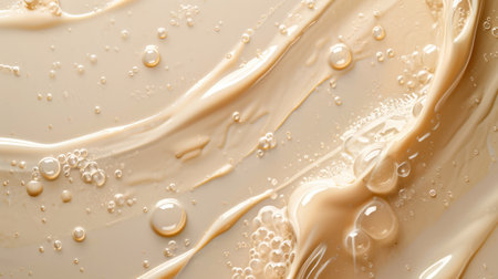 Smooth wavy transparent liquid texture on pastel beige background. Beauty product banner, serum, cream or moisturizerの素材