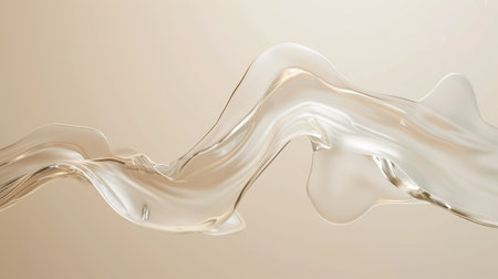 Smooth wavy transparent liquid texture on pastel beige background. Beauty product banner, serum, cream or moisturizerの素材
