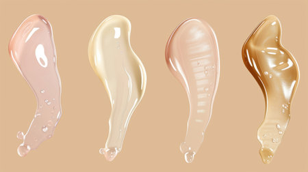 Composition with different samples smear of transparent gel or cream serums. Beauty product swatches on pastel backgroundの素材