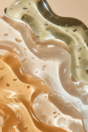 Composition with different samples smear of transparent gel or cream serums. Beauty product swatches on pastel backgroundの素材