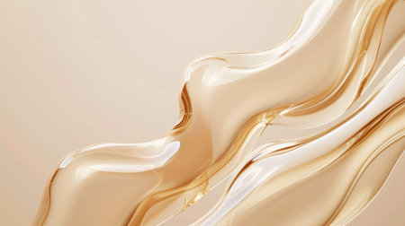Smooth wavy transparent liquid texture on pastel beige background. Beauty product banner, serum, cream or moisturizerの素材