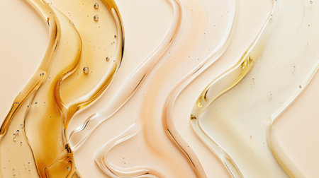 Composition with different samples smear of transparent gel or cream serums. Beauty product swatches on pastel backgroundの素材