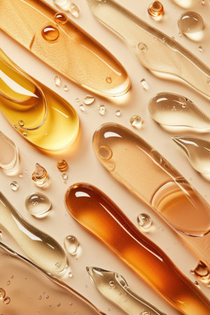 Composition with different samples smear of transparent gel or cream serums. Beauty product swatches on pastel backgroundの素材