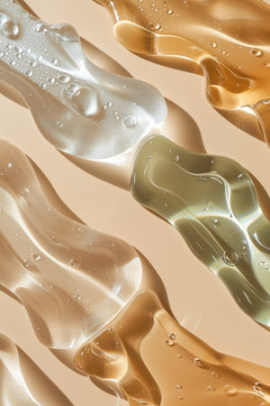 Composition with different samples smear of transparent gel or cream serums. Beauty product swatches on pastel backgroundの素材