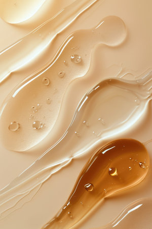 Composition with different samples smear of transparent gel or cream serums. Beauty product swatches on pastel backgroundの素材