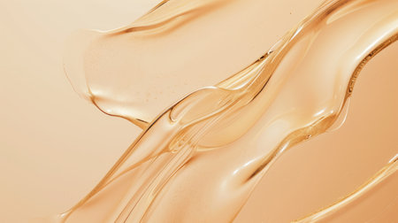 Smooth wavy transparent liquid texture on pastel beige background. Beauty product banner, serum, cream or moisturizerの素材