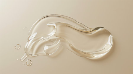 Smooth wavy transparent liquid texture on pastel beige background. Beauty product banner, serum, cream or moisturizerの素材